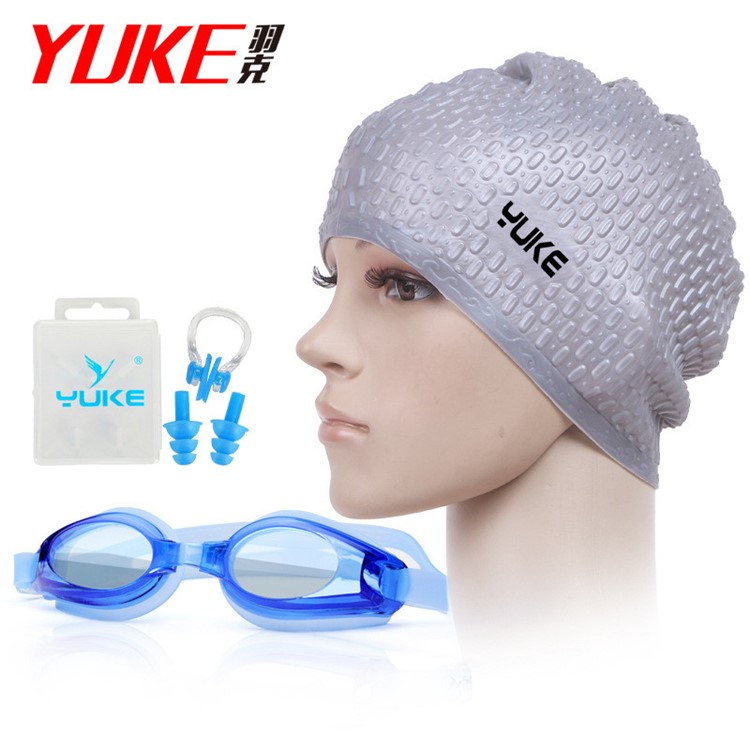Anti Fog Silicone Swimming Googles Cap Earplug Nose Clip Set - Silver Cap / Blue Goggle-1