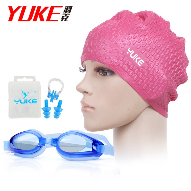 Anti Fog Silicone Swimming Googles Cap Earplug Nose Clip Set - Rose Red Hat / Blue Goggle-1