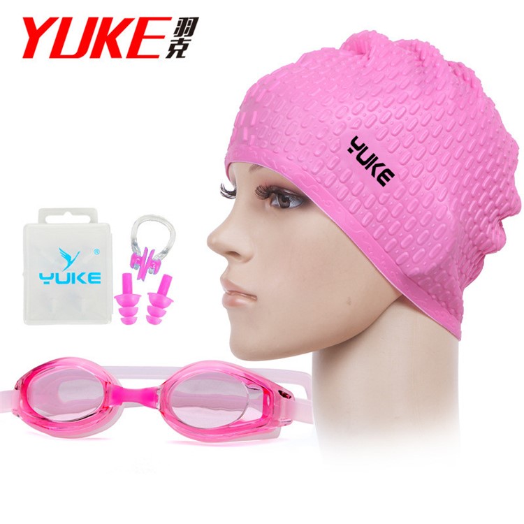 Anti Fog Silicone Swimming Googles Cap Earplug Nose Clip Set - Pink Cap / Pink Goggle-1