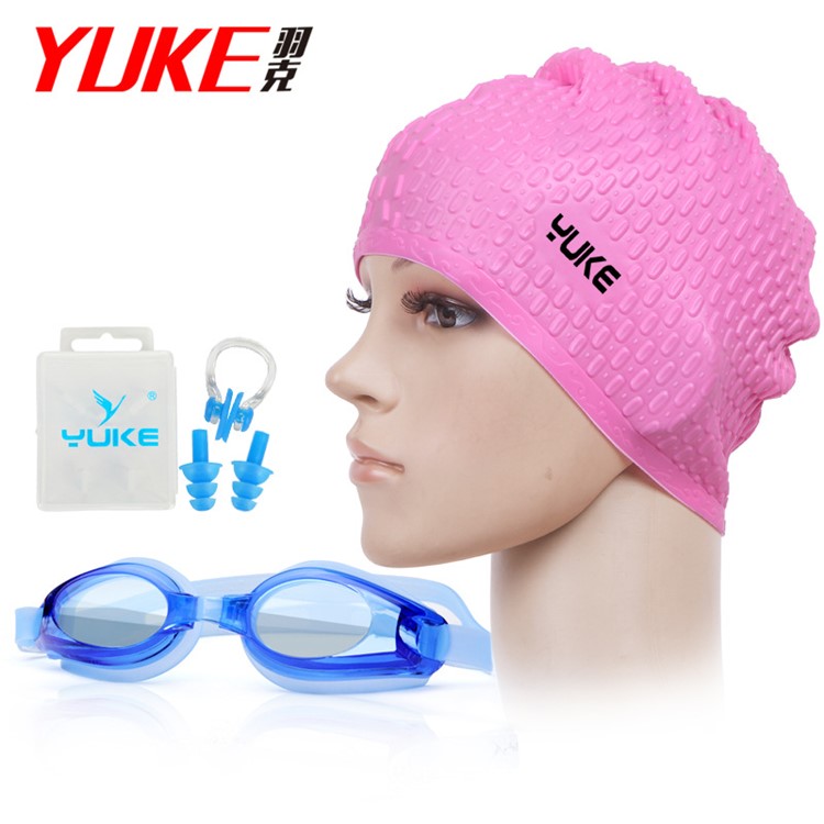 Anti Fog Silicone Swimming Googles Cap Earplug Nose Clip Set - Pink Cap / Blue Goggle-1