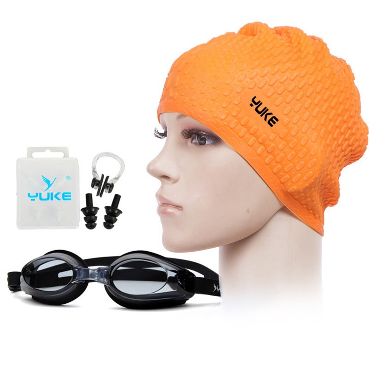 Anti Fog Silicone Swimming Googles Cap Earplug Nose Clip Set - Orange Cap / Black Goggle-1