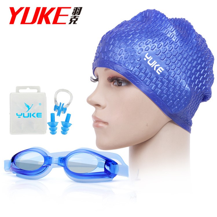 Anti Fog Silicone Swimming Googles Cap Earplug Nose Clip Set - Blue Cap / Blue Goggle-1