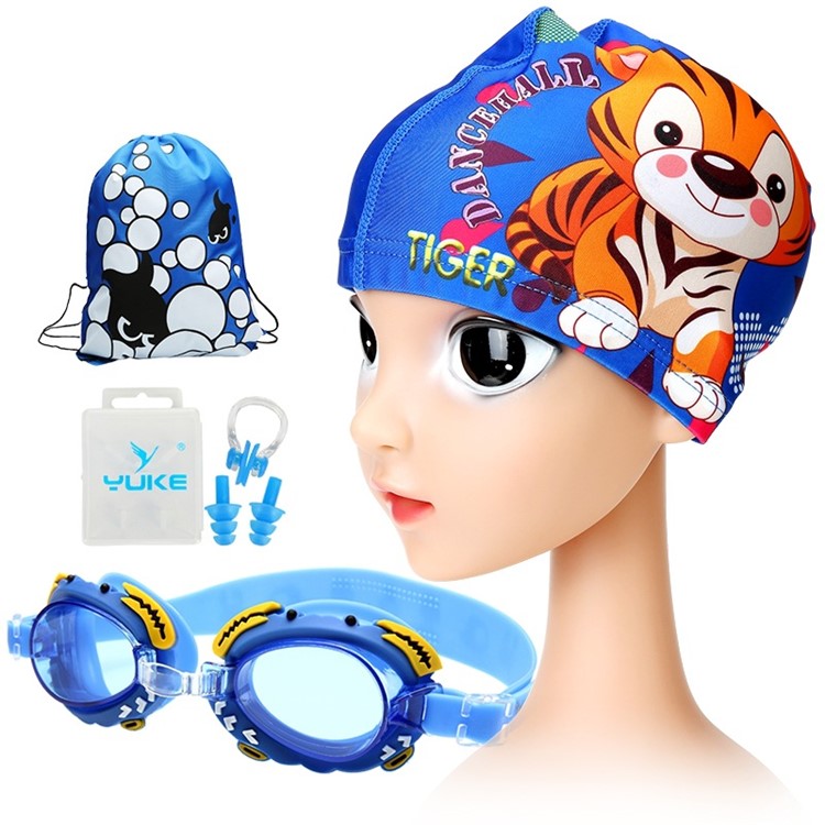 Kids HD Anti-fog Waterproof Swimming Goggles Cap Nose Clip Ear Plugs Set Kit - Blue/Tiger-1