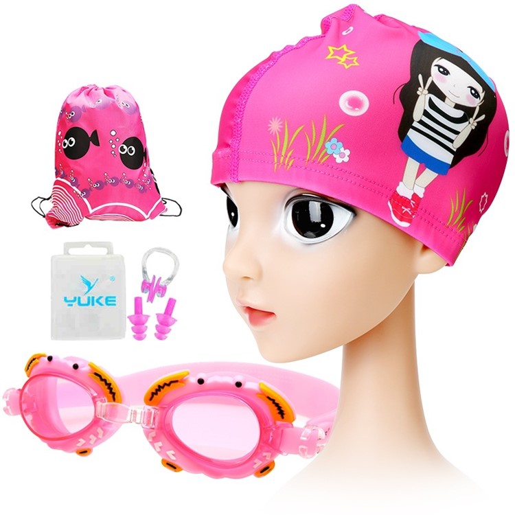 Kids HD Anti-fog Waterproof Swimming Goggles Cap Nose Clip Ear Plugs Set Kit - Pink/Short Skirt-1