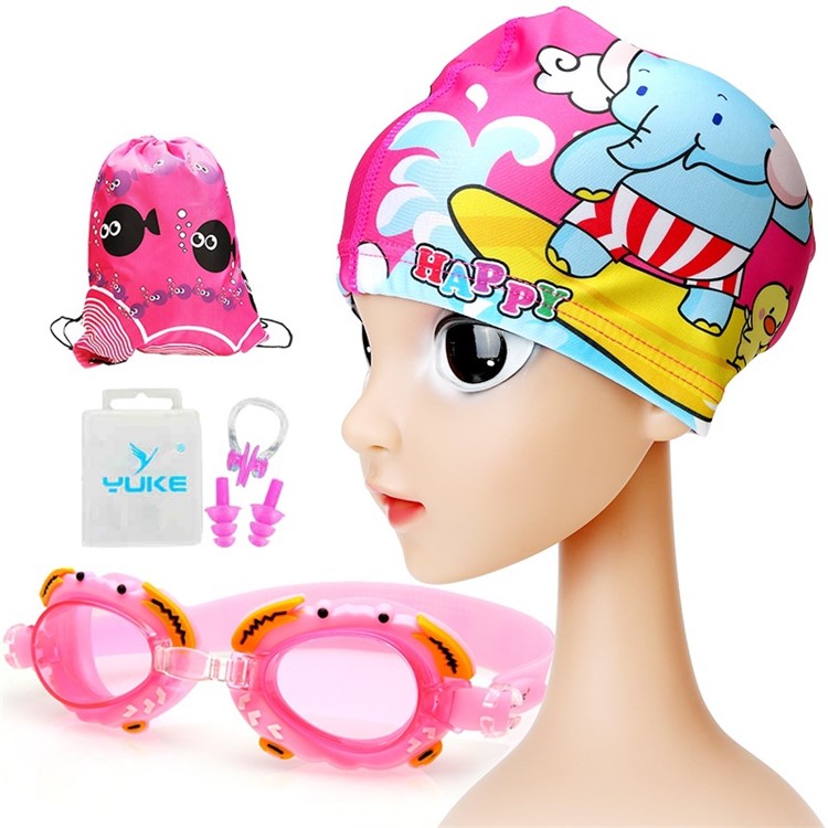Kids HD Anti-fog Waterproof Swimming Goggles Cap Nose Clip Ear Plugs Set Kit - Pink/Elephant-1