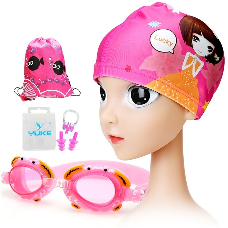 Kids HD Anti-fog Waterproof Swimming Goggles Cap Nose Clip Ear Plugs Set Kit - Pink/Long Skirt-1