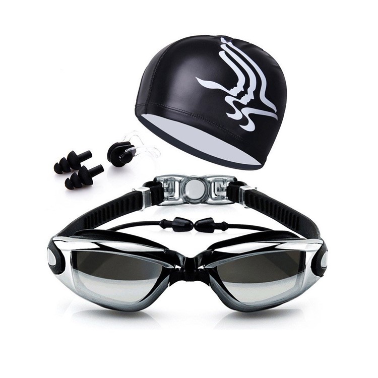 Waterproof Mirrored & Clear Anti Fog UV400 Protection Plated Swimming Goggles with Cap etc. - Black-1