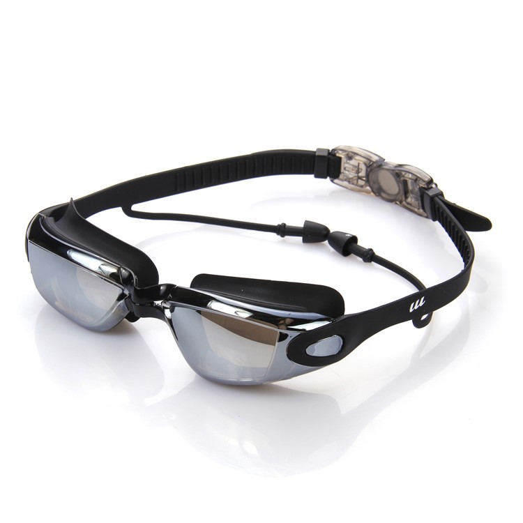 Waterproof Mirrored & Clear Anti Fog UV400 Protection Plated Swimming Goggles with Cap etc. - Black-2