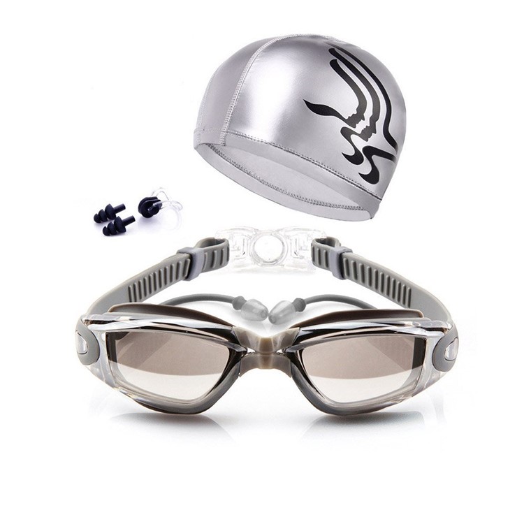 Swimming Goggles Silicone Anti-fog Men Women Snorkel Glasses with Cap - Silver Color-1