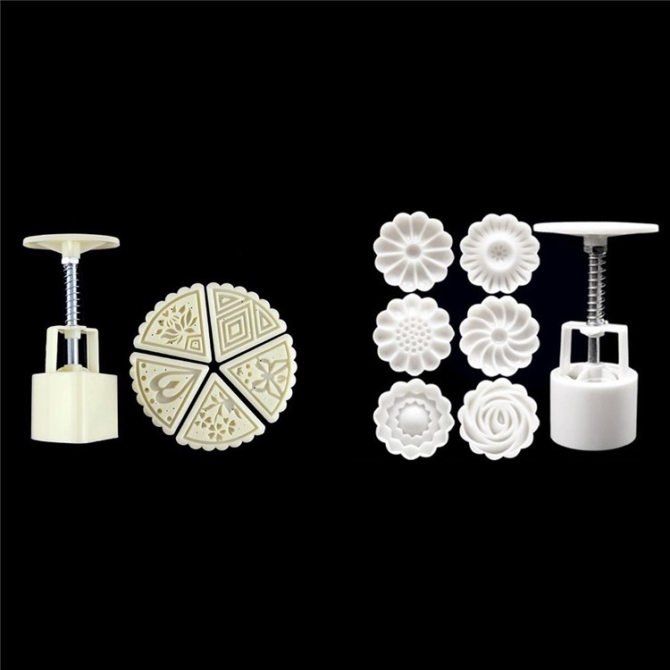 Two Sets Mooncake Maker Mold Homemade Mooncake Kitchen DIY Tool - Triangle and Flower Shape-1