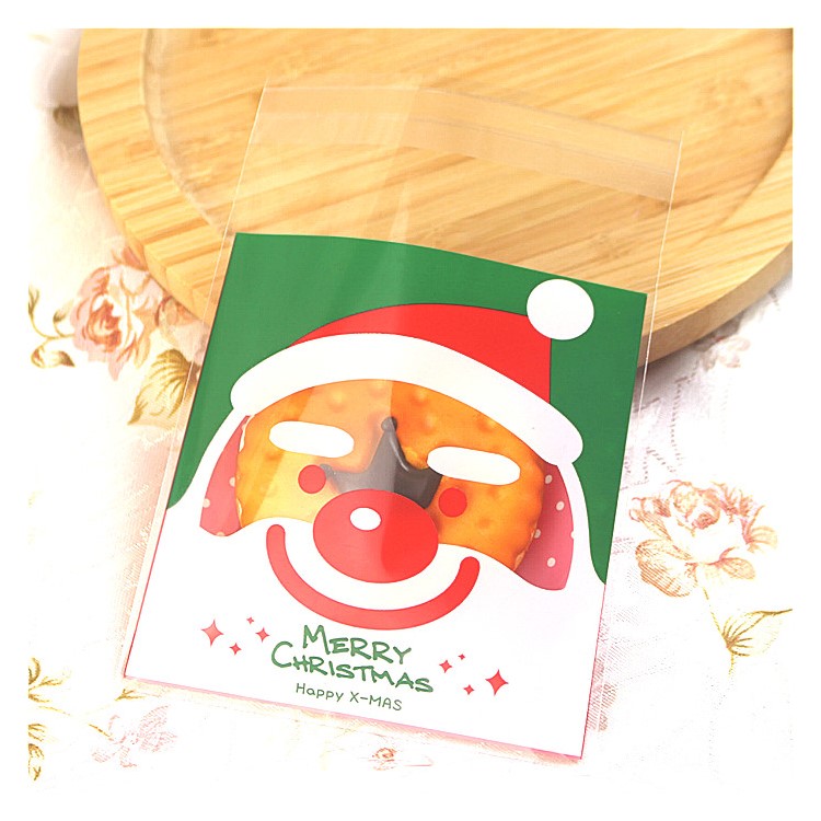100 Pcs Self-sealing Sweets Cookies Small Cakes Packing Bags for Christmas, Party - Santa Claus Face-1