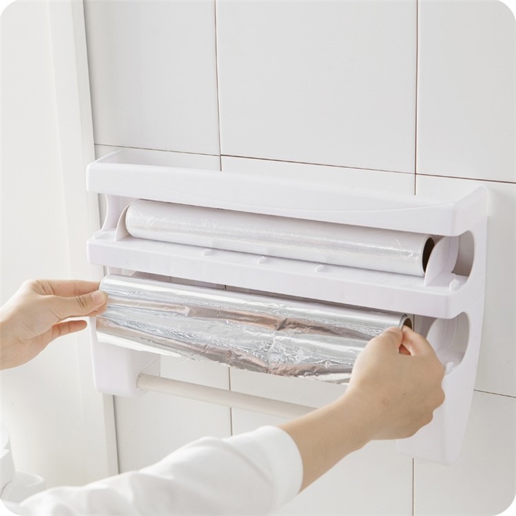Kitchen Cling Film/Paper Towel Holder ABS Wall-mounted Roll Holder Rack - White-2