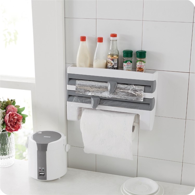 Kitchen Wall Mount Shelf Cling Film/Paper Towel Holder ABS Wall-mounted Roll Holder Rack - Grey-3