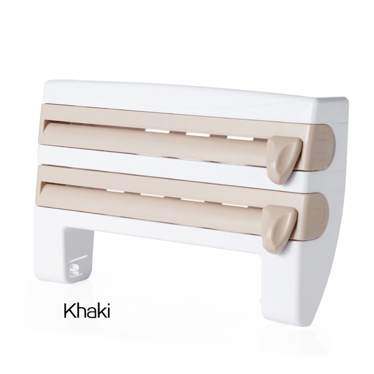 Kitchen Wall Mounted Cling Film Tin Foil Paper Roll Dispenser Kitchen Roll Holder Rack - Khaki-1