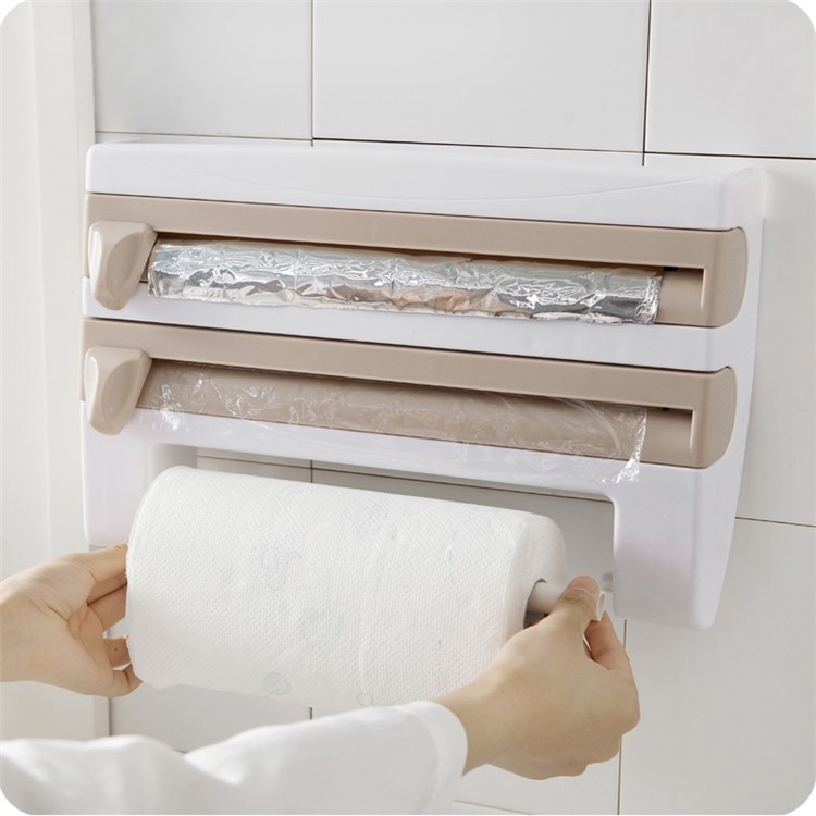 Kitchen Wall Mounted Cling Film Tin Foil Paper Roll Dispenser Kitchen Roll Holder Rack - Khaki-2