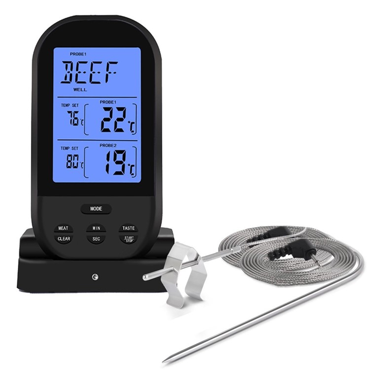 Wireless Remote Dual Probe Meat Thermometer Instant Read Timer Thermometer with LCD Screen Stainless Steel Temperature Probe for Cooking Grilling Oven BBQ - Black-1