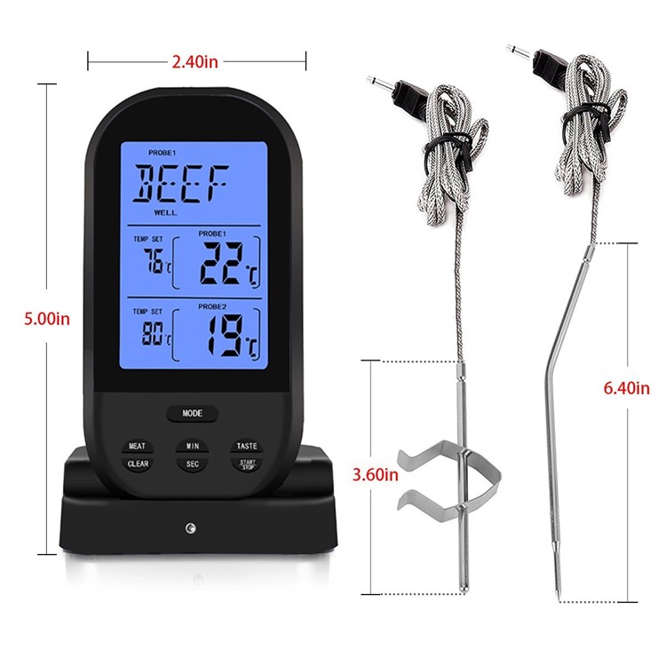 Wireless Remote Dual Probe Meat Thermometer Instant Read Timer Thermometer with LCD Screen Stainless Steel Temperature Probe for Cooking Grilling Oven BBQ - Black-3