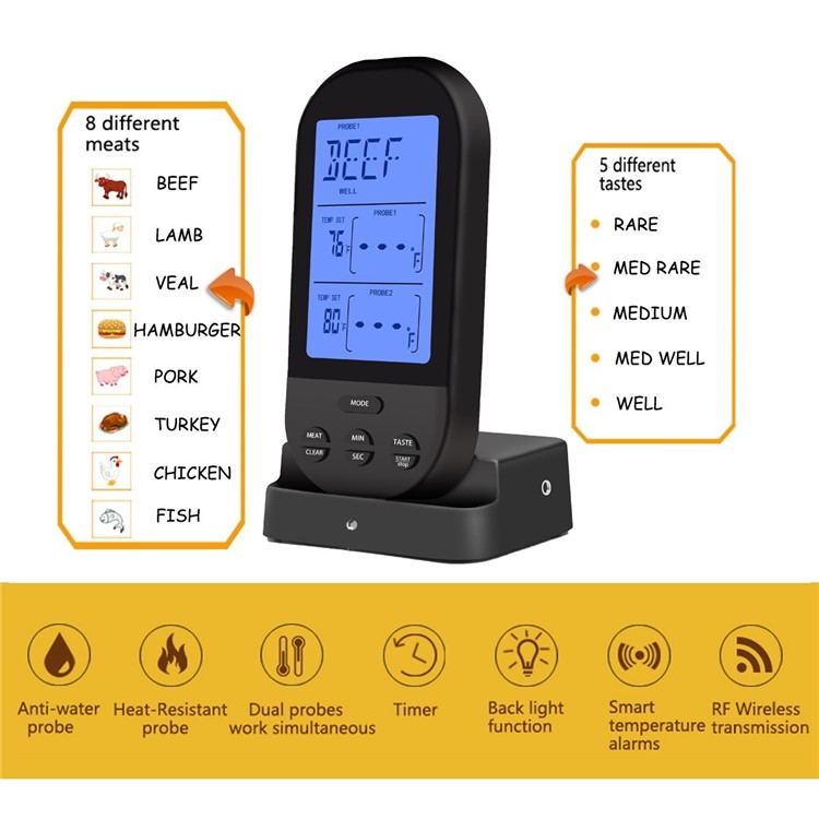 Wireless Remote Dual Probe Meat Thermometer Instant Read Timer Thermometer with LCD Screen Stainless Steel Temperature Probe for Cooking Grilling Oven BBQ - Black-4