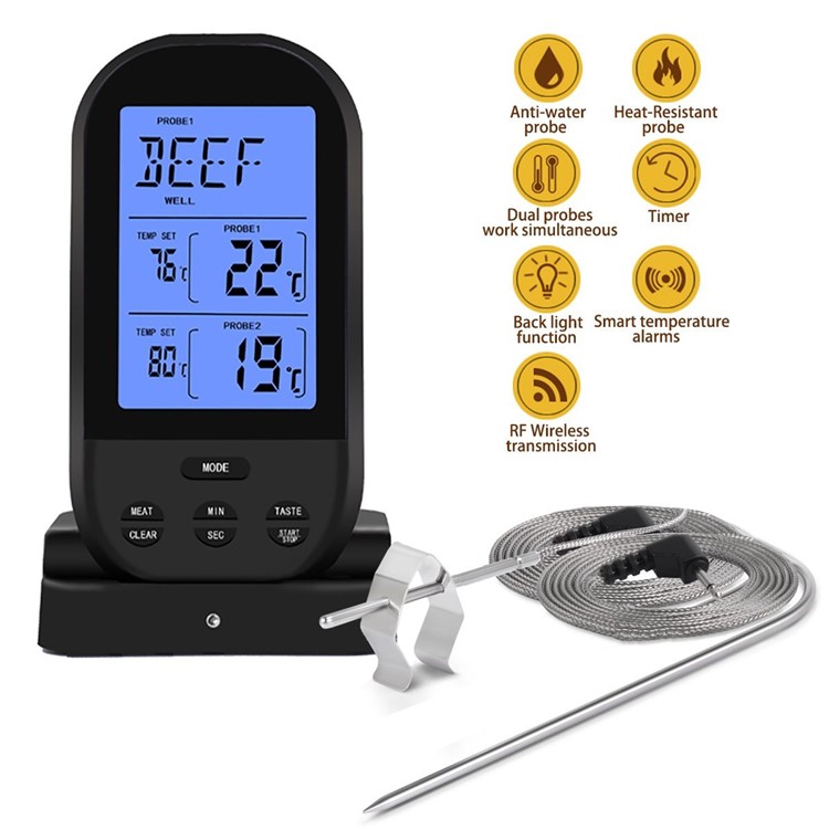 Wireless Remote Dual Probe Meat Thermometer Instant Read Timer Thermometer with LCD Screen Stainless Steel Temperature Probe for Cooking Grilling Oven BBQ - Black-5
