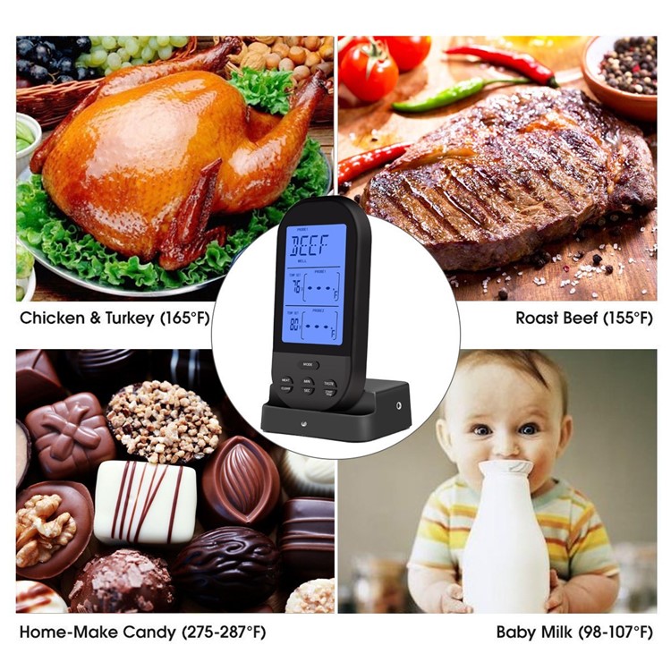 Wireless Remote Dual Probe Meat Thermometer Instant Read Timer Thermometer with LCD Screen Stainless Steel Temperature Probe for Cooking Grilling Oven BBQ - Black-6