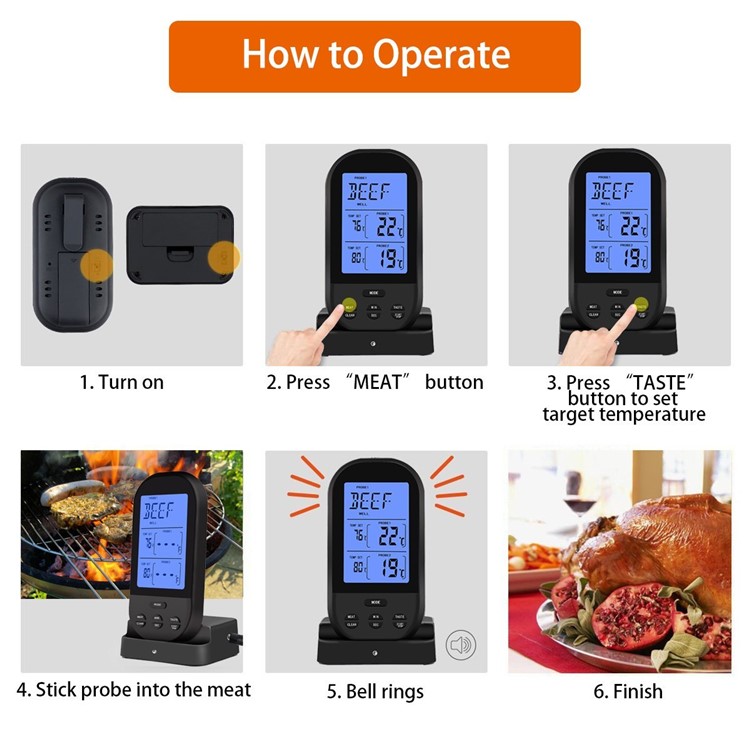 Wireless Remote Dual Probe Meat Thermometer Instant Read Timer Thermometer with LCD Screen Stainless Steel Temperature Probe for Cooking Grilling Oven BBQ - Black-8