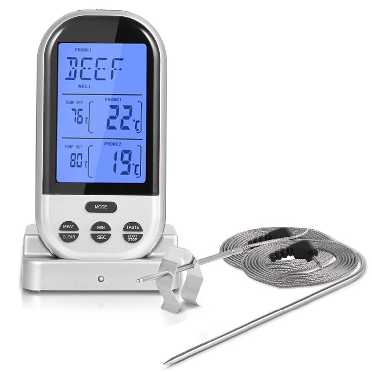 Wireless Remote Dual Probe Food Thermometer Instant Read Timer Thermometer with LCD Screen Stainless Steel Temperature Probe for Cooking Grilling Oven BBQ - Silver-1