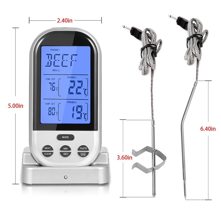 Wireless Remote Dual Probe Food Thermometer Instant Read Timer Thermometer with LCD Screen Stainless Steel Temperature Probe for Cooking Grilling Oven BBQ - Silver-3