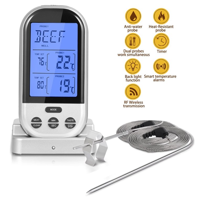 Wireless Remote Dual Probe Food Thermometer Instant Read Timer Thermometer with LCD Screen Stainless Steel Temperature Probe for Cooking Grilling Oven BBQ - Silver-5