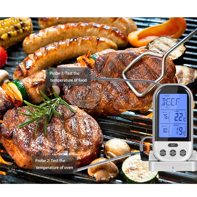 Wireless Remote Dual Probe Food Thermometer Instant Read Timer Thermometer with LCD Screen Stainless Steel Temperature Probe for Cooking Grilling Oven BBQ - Silver-6