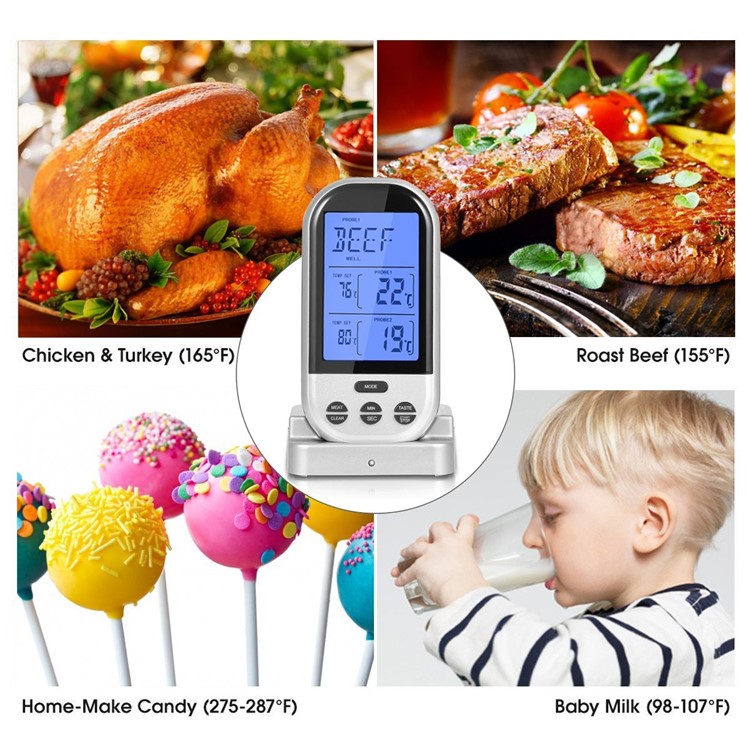 Wireless Remote Dual Probe Food Thermometer Instant Read Timer Thermometer with LCD Screen Stainless Steel Temperature Probe for Cooking Grilling Oven BBQ - Silver-7
