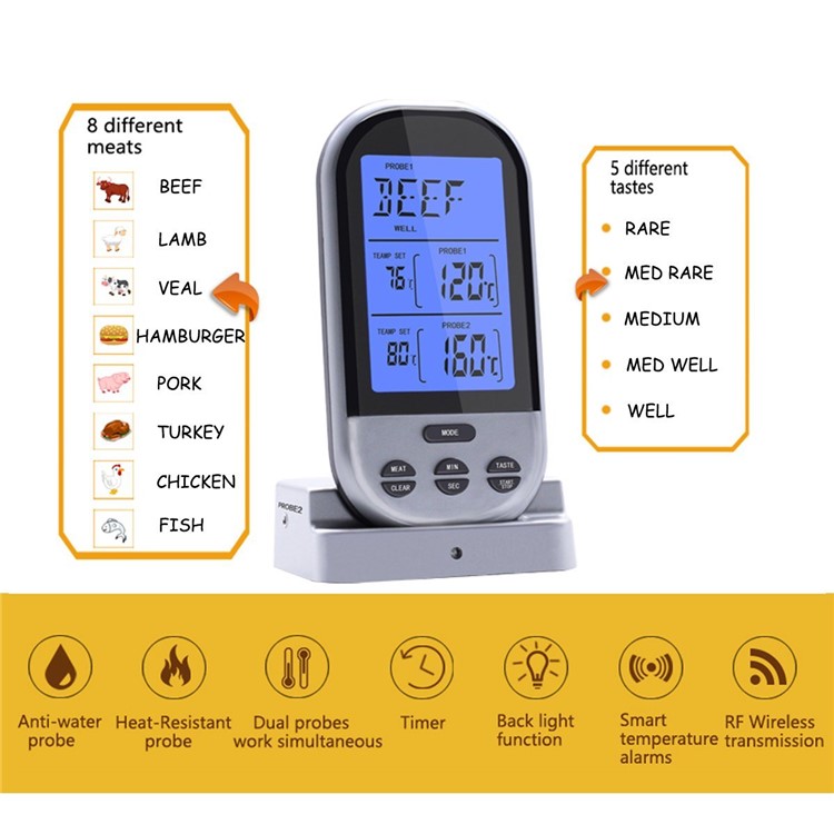 Wireless Remote Dual Probe Food Thermometer Instant Read Timer Thermometer with LCD Screen Stainless Steel Temperature Probe for Cooking Grilling Oven BBQ - Silver-8
