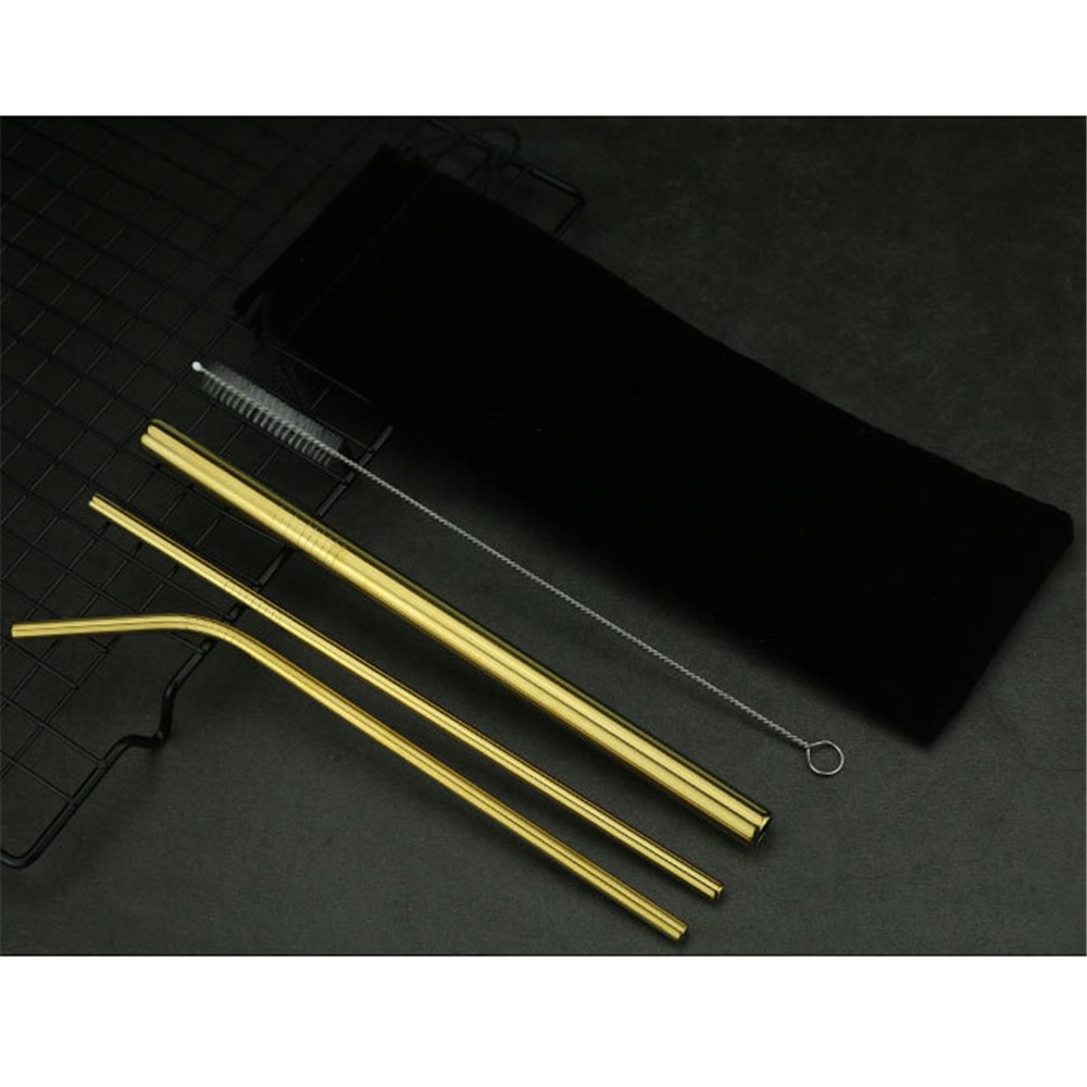3Pcs Stainless Steel Reusable Drinking Straws + 1 Cleaning Brush Kit - Gold