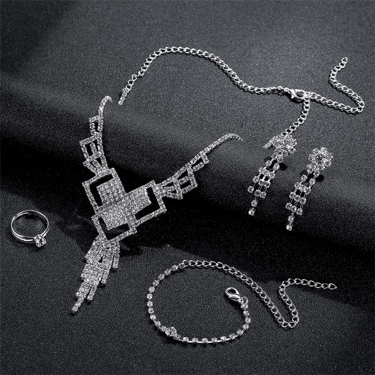 Women Diamond Jewelry Set Ring Necklace Earrings Bracelet Charm Set - Style A-5