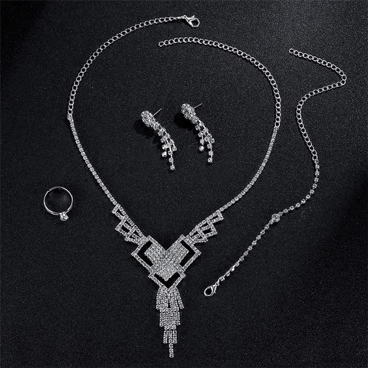 Women Diamond Jewelry Set Ring Necklace Earrings Bracelet Charm Set - Style A-6