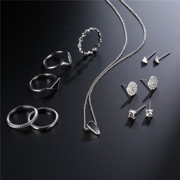 Women's Fashion Necklace Ring Earrings Jewelry Set Plated Charm Set-4