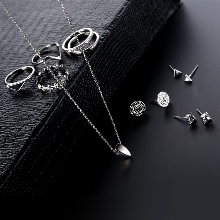 Women's Fashion Necklace Ring Earrings Jewelry Set Plated Charm Set-6