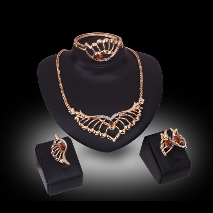 Wedding Gold Plated Necklace Ring Earrings Bracelet Fashion Jewelry Set - Style A-1