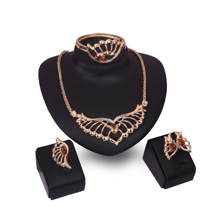 Wedding Gold Plated Necklace Ring Earrings Bracelet Fashion Jewelry Set - Style A-2