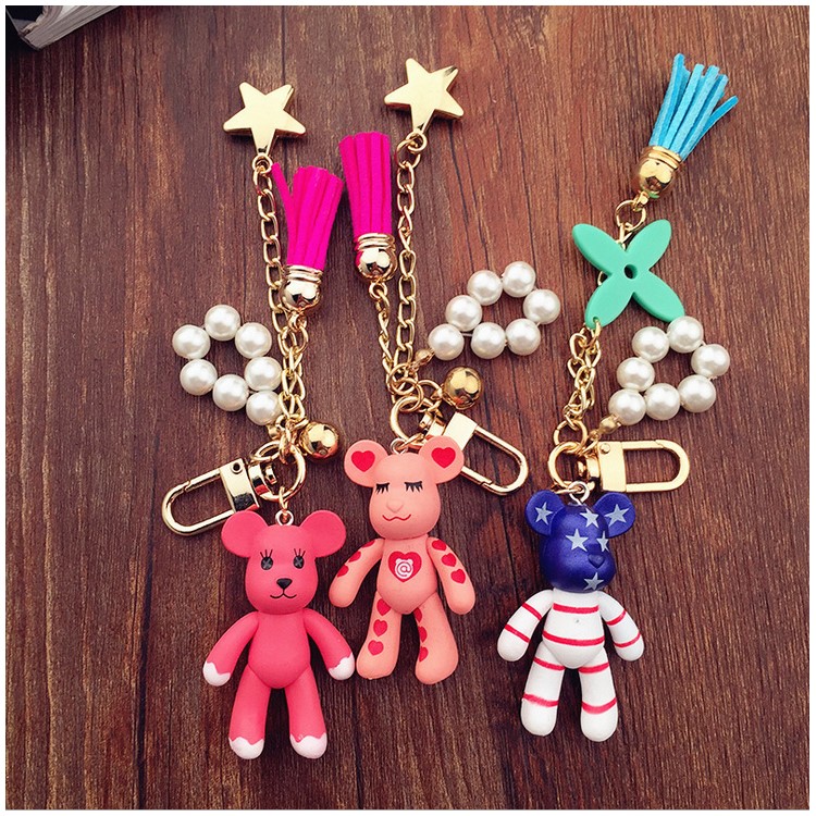 Cute Gloomy Bear Pearl Key Chain Bag Chain Pendant - Pink with Heart-2
