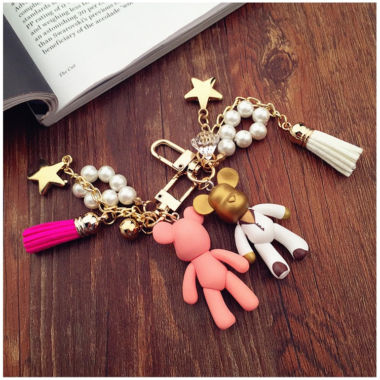 Cute Gloomy Bear Pearl Key Chain Bag Chain Pendant - Pink with Heart-3