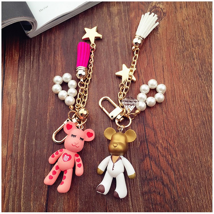 Cute Gloomy Bear Pearl Key Chain Bag Chain Pendant - Pink with Heart-4