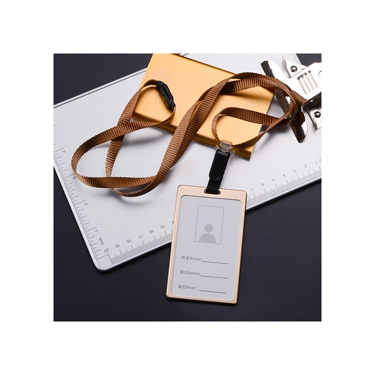 Aluminium Alloy Vertical ID Name Badge Holder with Strap - Gold Color-1