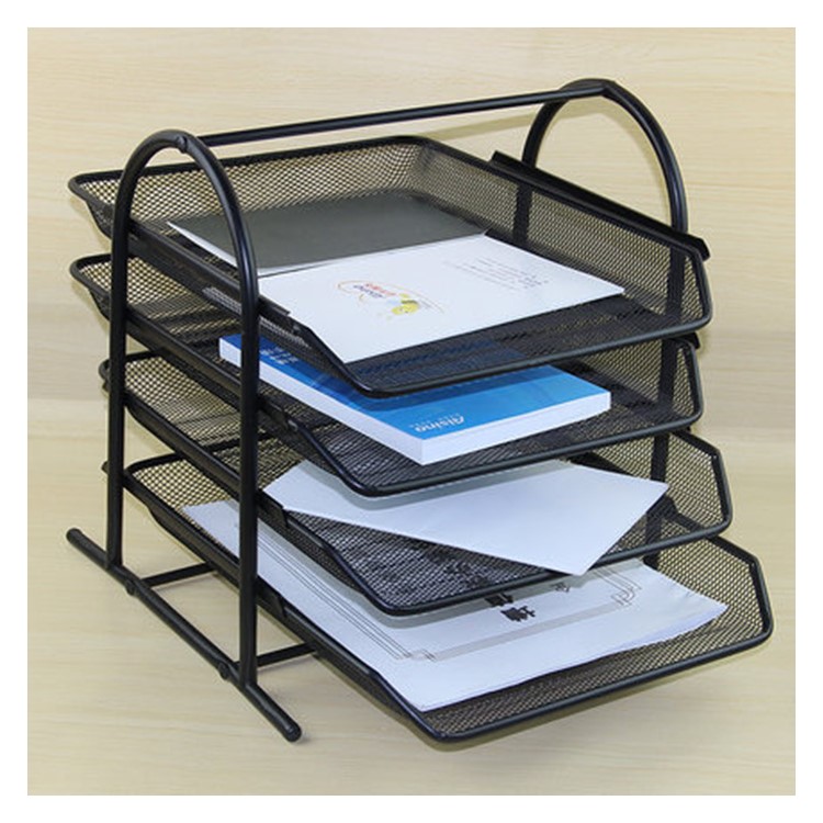 4 Tiers Black Mesh Filling Front Load Letter Paper Storage Tray - Black-1