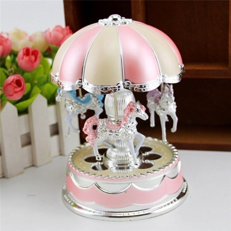 3-horse Carousel Music Box with LED Flash Lights for Christmas Birthday Present - Pink-3