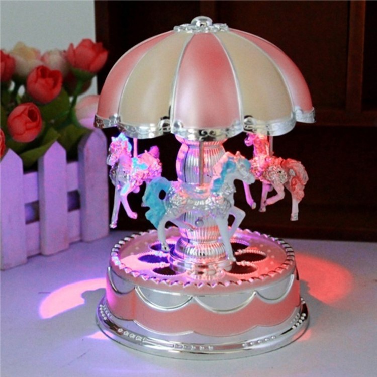 3-horse Carousel Music Box with LED Flash Lights for Christmas Birthday Present - Pink-5