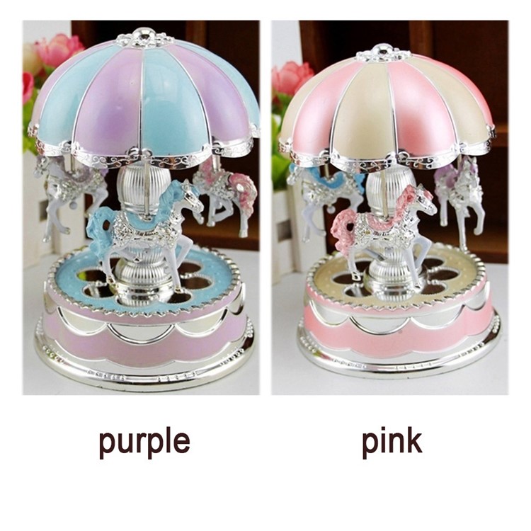 Romantic 3-horse Carousel Music Box with LED Flash Lights for Christmas Birthday Gift - Purple-4