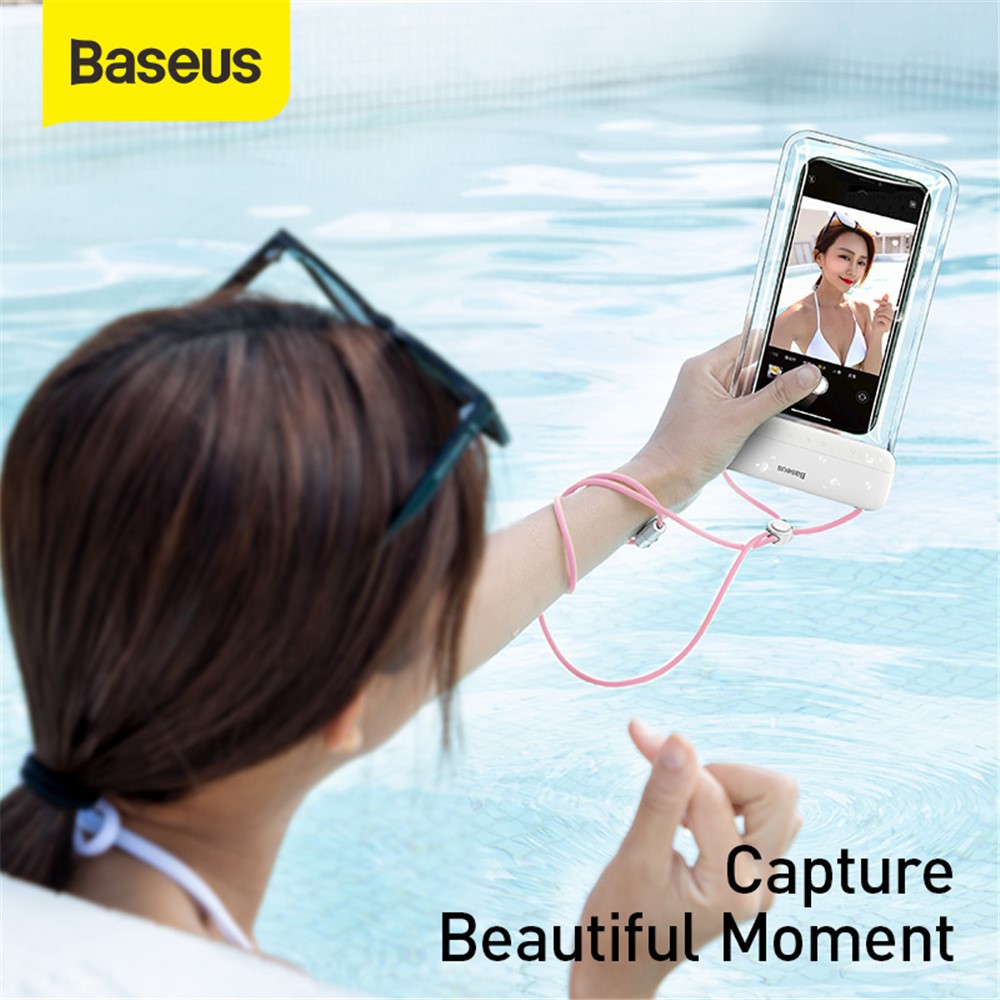 BASEUS Let's Go Slip Cover Waterproof Bag for under 7.2 inch Phones - White / Pink-9