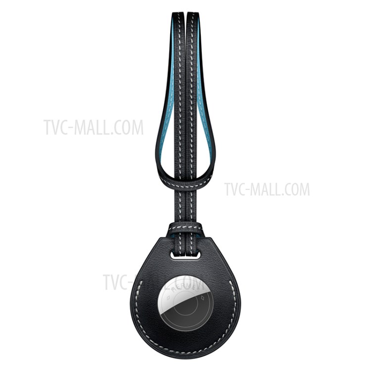 JIUYU Genuine Leather Anti-Scratch Protective Cover Case with Lanyard (L Style) for Apple AirTag - Black-1