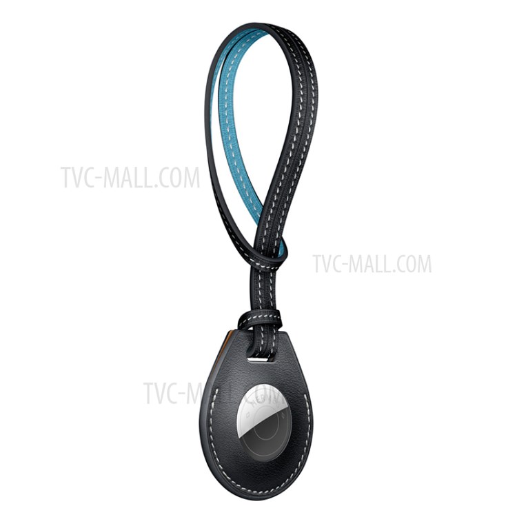 JIUYU Genuine Leather Anti-Scratch Protective Cover Case with Lanyard (L Style) for Apple AirTag - Black-3