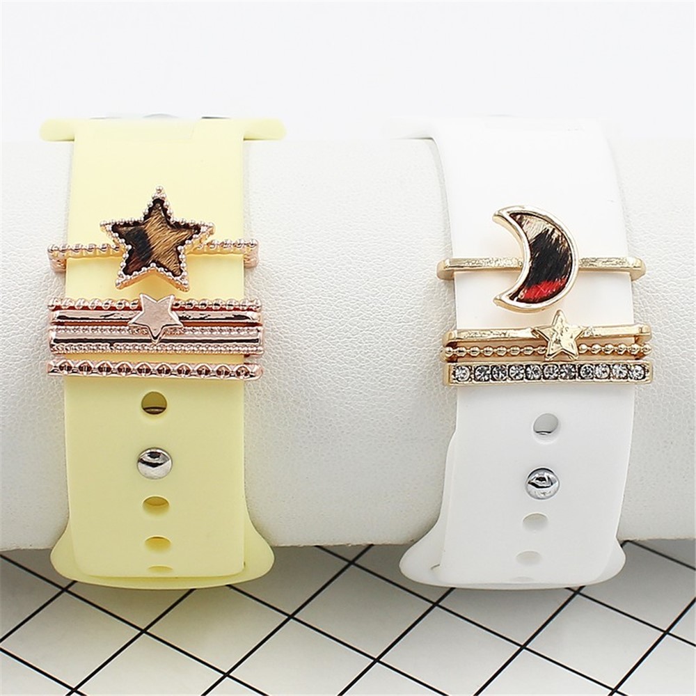 5Pcs/Set Moon Star Charm Rhinestone Embellishment Decorative Rings for Apple Watch Silicone Strap Accessories - Rose Gold Star-4